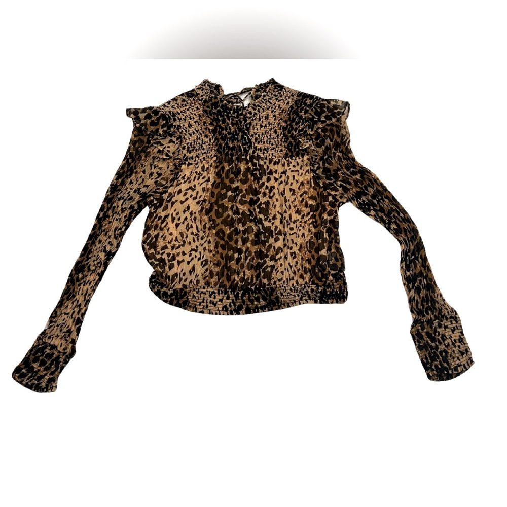 Free People Roma Smocked Animal Print Blouse | Leopard Combo / Brown | Size S - Picture 3 of 7